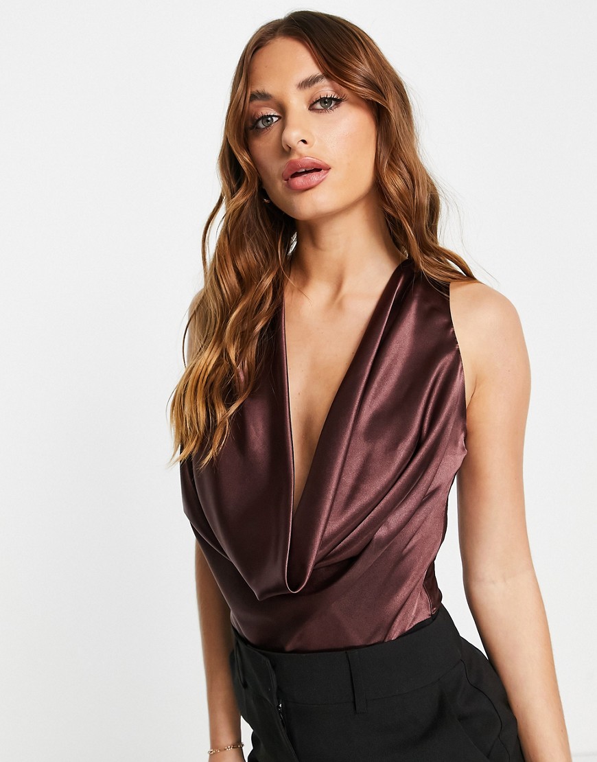 ASOS DESIGN Going Out cowl front satin bodysuit in chocolate brown