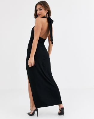 ASOS Fringe Deep Plunge Maxi Dress in Black