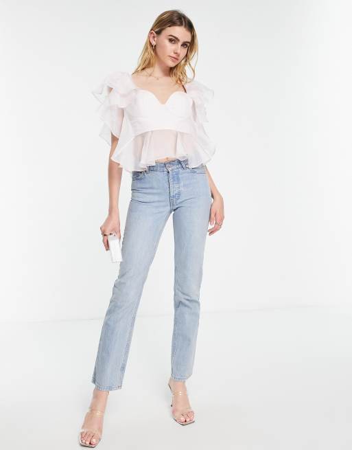 ASOS DESIGN – Going Out – Korsett-Oberteil mit Organza-Rüschenärmeln und  -saum in Flieder