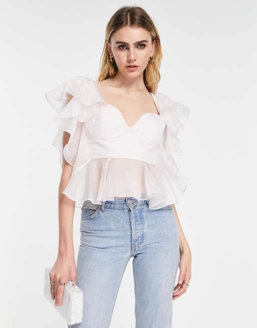 ASOS DESIGN – Going Out – Korsett-Oberteil mit Organza-Rüschenärmeln und  -saum in Flieder