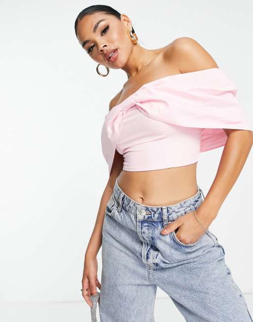 ASOS DESIGN Going Out off shoulder top with bow front in pink ASOS