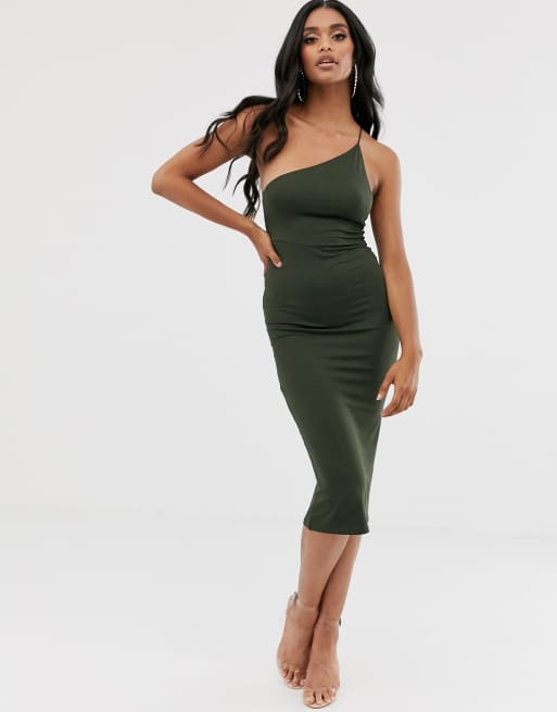 ASOS DESIGN going out one shoulder bodycon midi dress in khaki