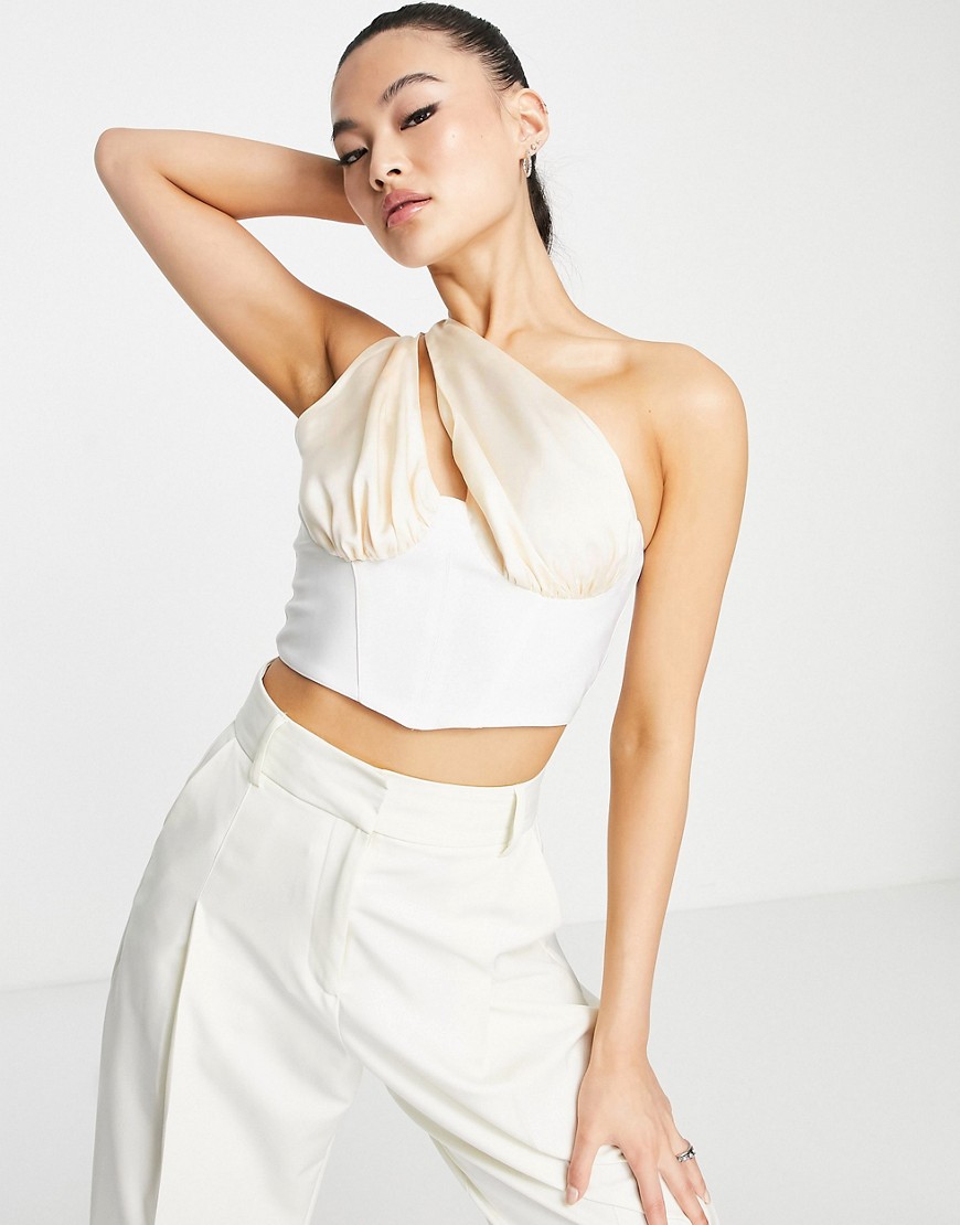 ASOS DESIGN Going Out one shoulder cupped corset top in champagne-White