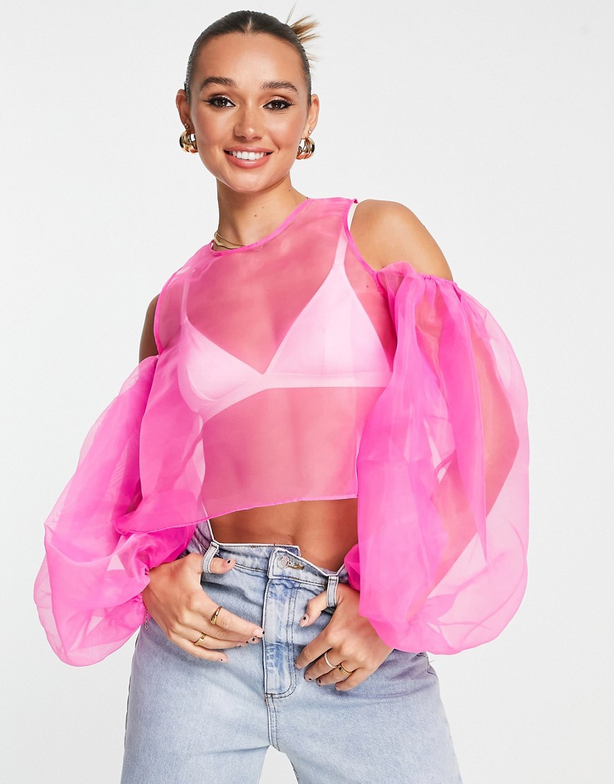 ASOS DESIGN Going Out organza top with volume sleeve in magenta pink