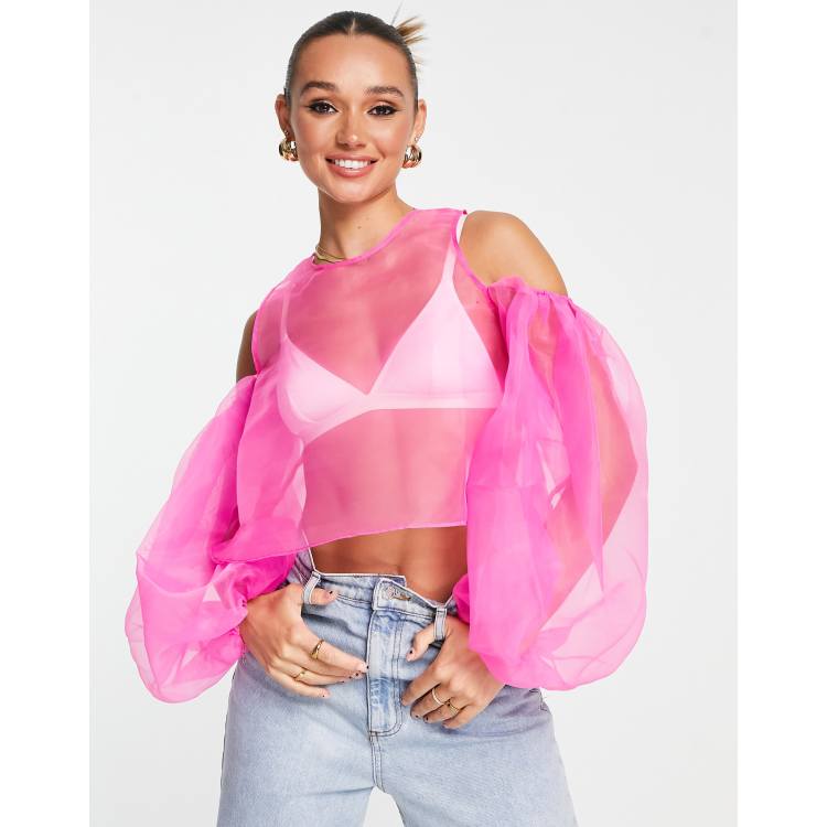 ASOS DESIGN Going Out organza top with volume sleeve in magenta