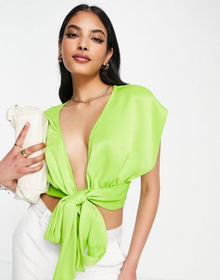 ASOS DESIGN Going Out plunge tie front top in lime green