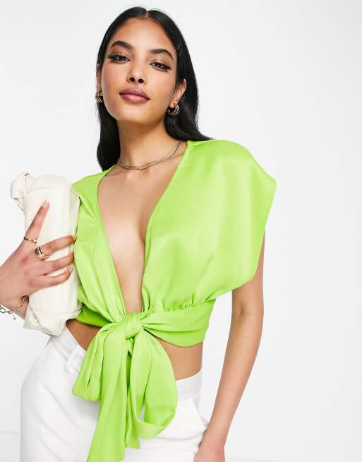 ASOS DESIGN Going Out plunge tie front top in lime green