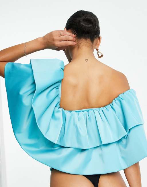 ASOS DESIGN - Going Out - Ultimate - Body à épaules dénudées et double volant - Bleu, 3 de 4