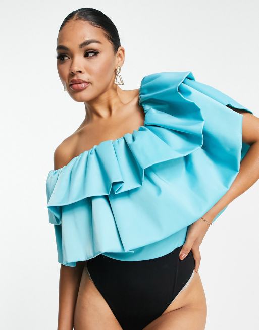 ASOS DESIGN festival ruffle longline cami with split front in blue