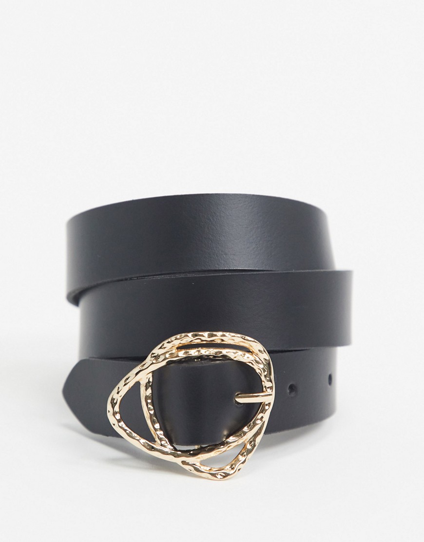 ASOS DESIGN gold abstract buckle leather jeans belt in black