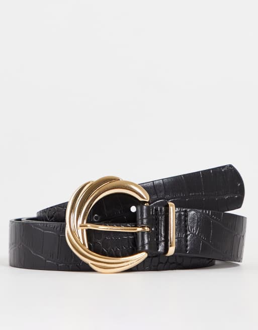 ASOS DESIGN gold buckle belt in black croc | ASOS