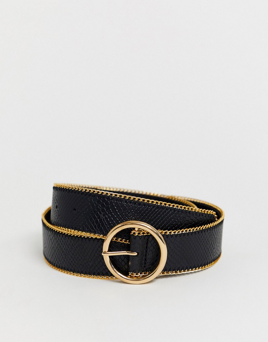 ASOS DESIGN gold chain edge circle buckle waist and hip jeans belt in black