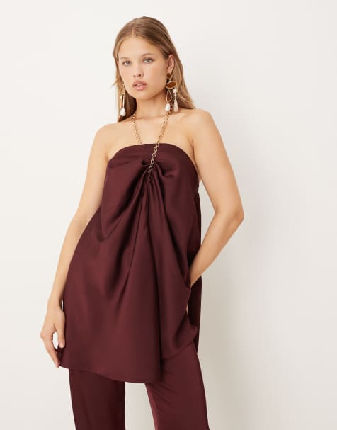 ASOS DESIGN gold chain halter neck satin top co-ord in plum - view 1
