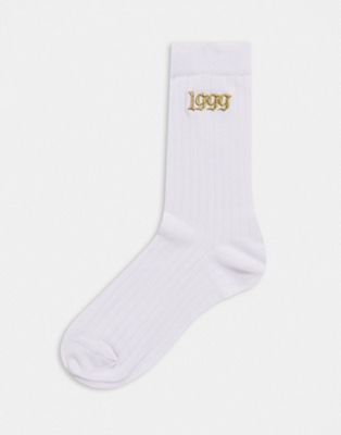 ASOS DESIGN gold embroidered 1999 calf length sock in white - ASOS Price Checker