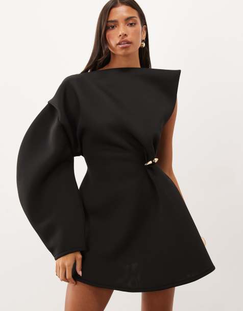 ASOS DESIGN gold hardware structured mini dress in one shoulder in black scuba-style fabric - view 1