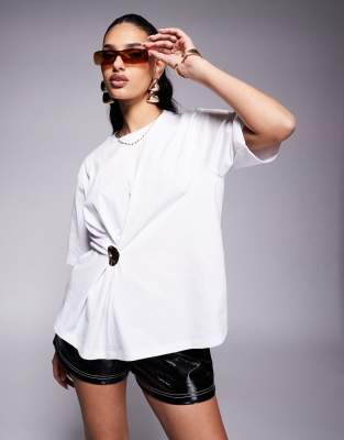 Asos Design Gold Metal Trim Detail Gathered T-shirt Dress In White