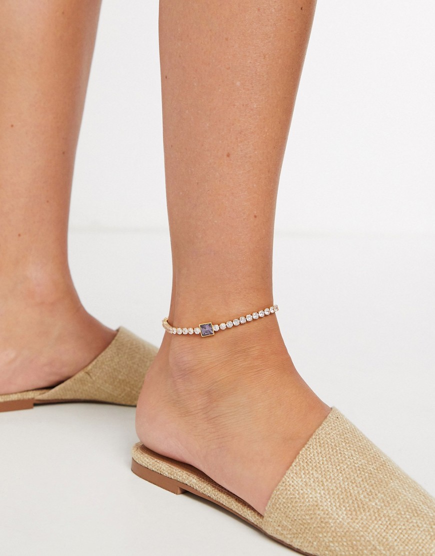 ASOS DESIGN gold plated anklet with cubic zirconia and lilac set crystal