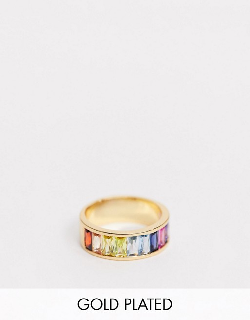 ASOS DESIGN gold plated ring with baguette rainbow cubic zirconia crystals