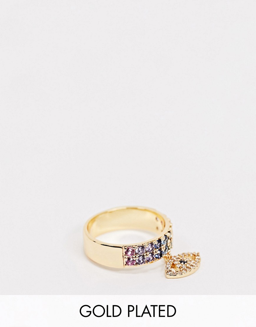 ASOS DESIGN gold plated ring with eye charm and rainbow cubic zirconia crystals