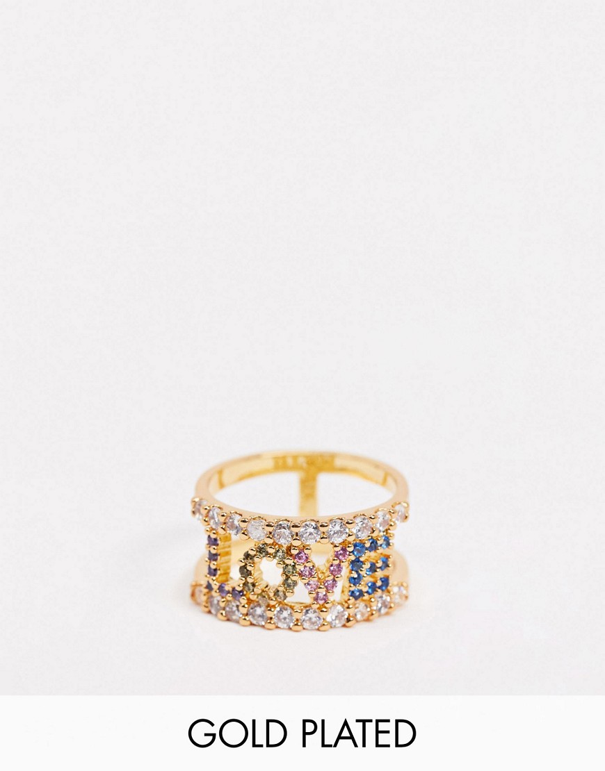 ASOS DESIGN gold plated ring with 'love' rainbow cubic zirconia crystals