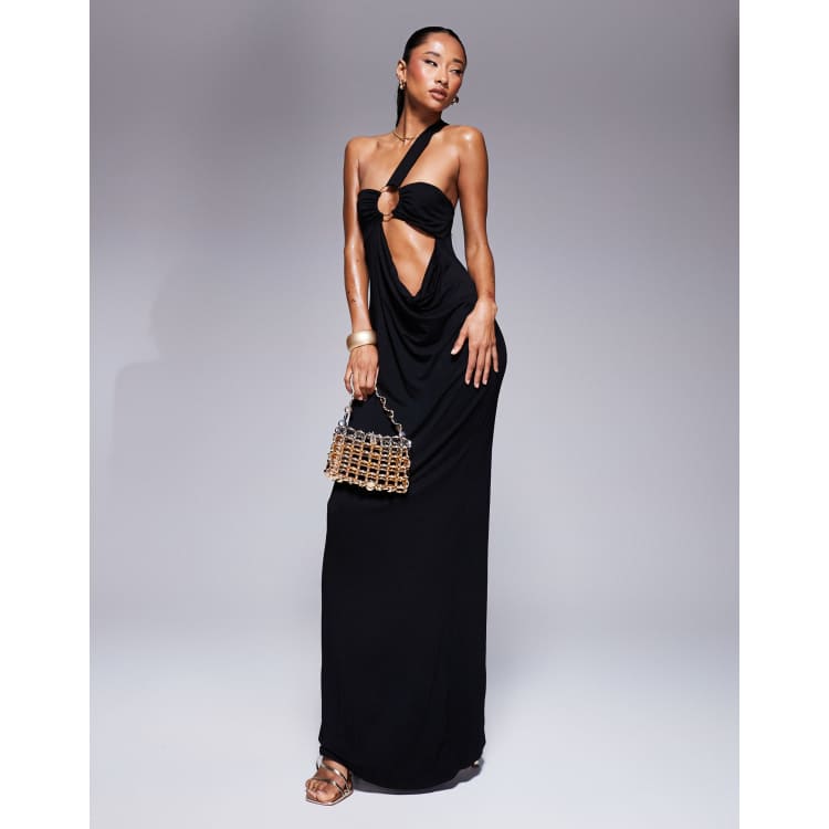 slim fit dress slacks Black chiffon dress with a metal gold structured belt