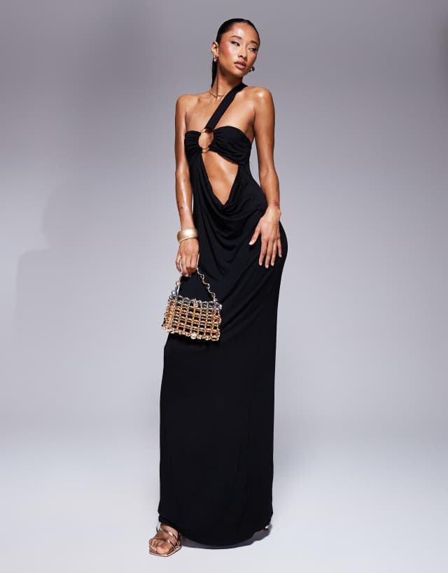 asymmetric draped neckline maxi dress ASOS DESIGN gold ring trim with drape waist in black Sweep train wedding dress Valentino, Knitted minidress, Women, Color:Light Peach a flowing pleated skirt
