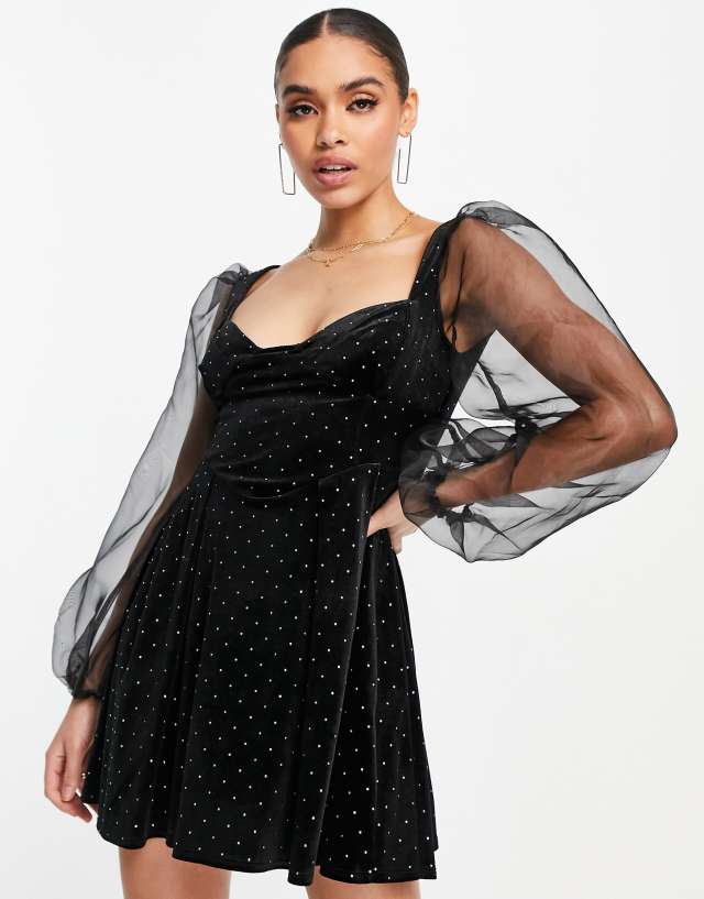 ASOS DESIGN gold stud velvet skater mini dress in black