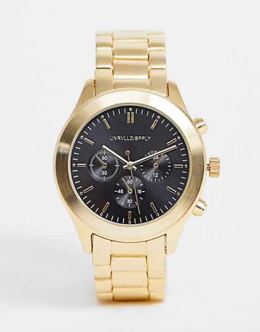 ASOS DESIGN gold tone bracelet watch with black dial ASOS