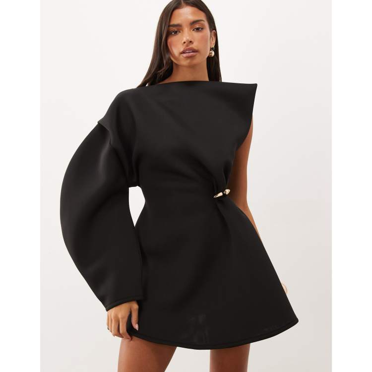 one shoulder black and gold dress ASOS DESIGN gold-tone hardware structured mini with in scuba-style fabric Women's Black Lace-trimmed satin Halloween women's Color:Dark_Navy creating a silhouette that