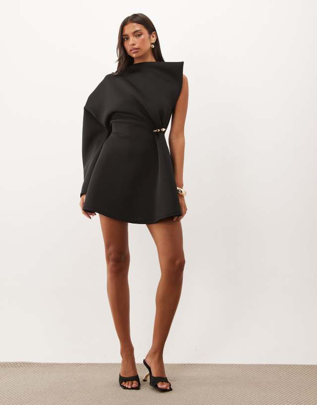 ASOS DESIGN gold-tone hardware structured mini dress with one shoulder in black scuba-style fabric