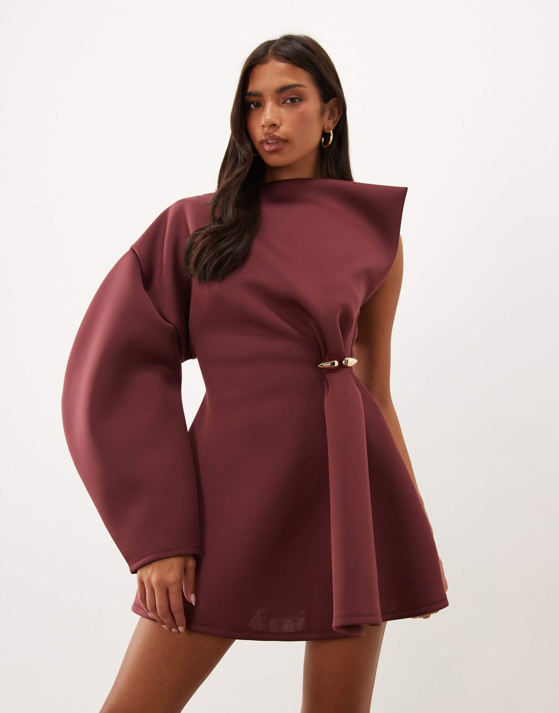 asos design gold-tone hardware structured mini dress with one shoulder in wine scuba-style fabric