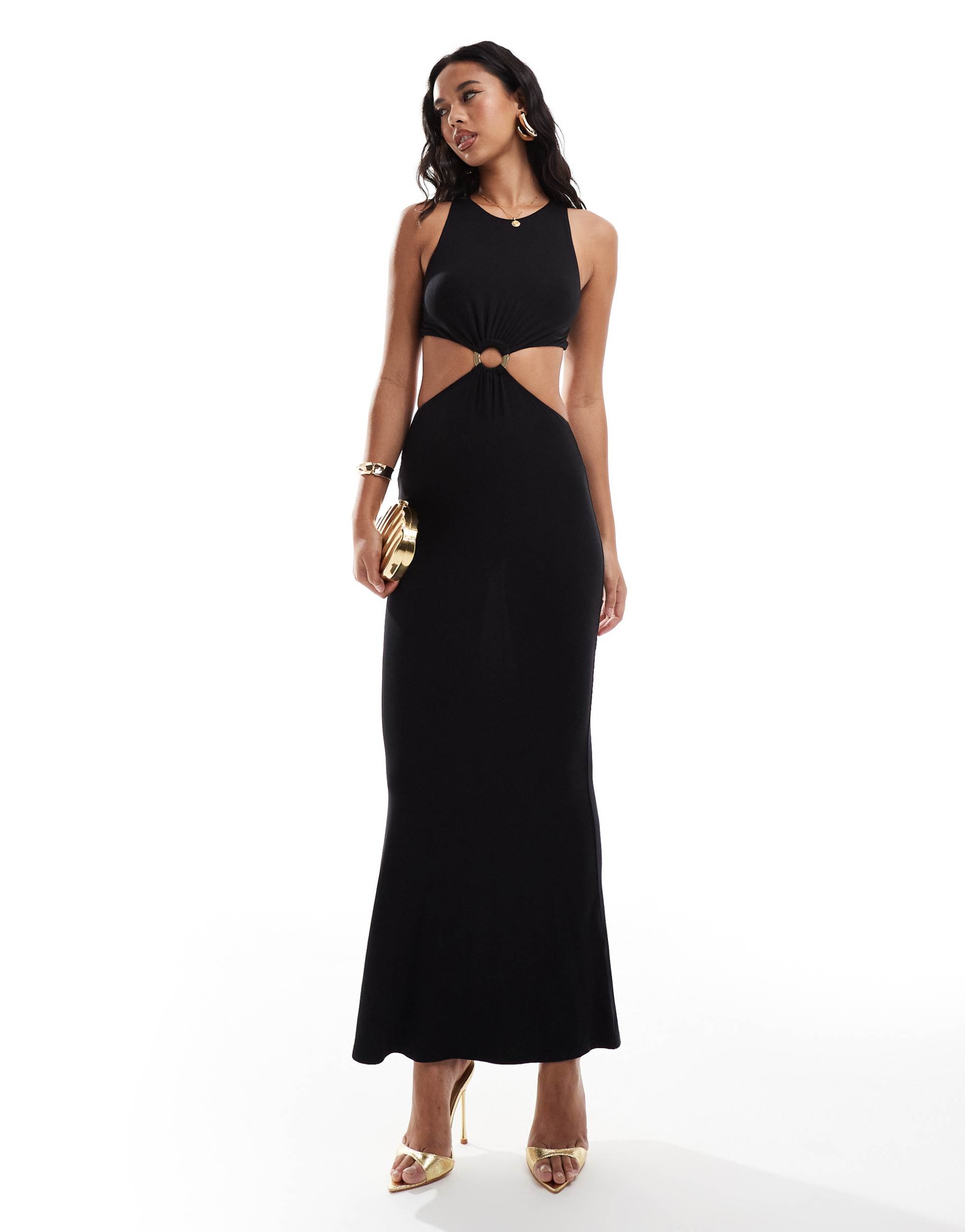 asos design gold trim maxi dress with open back detail in black