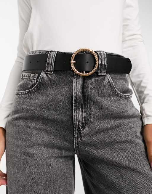 Black Leather Circle Buckle Jeans Belt