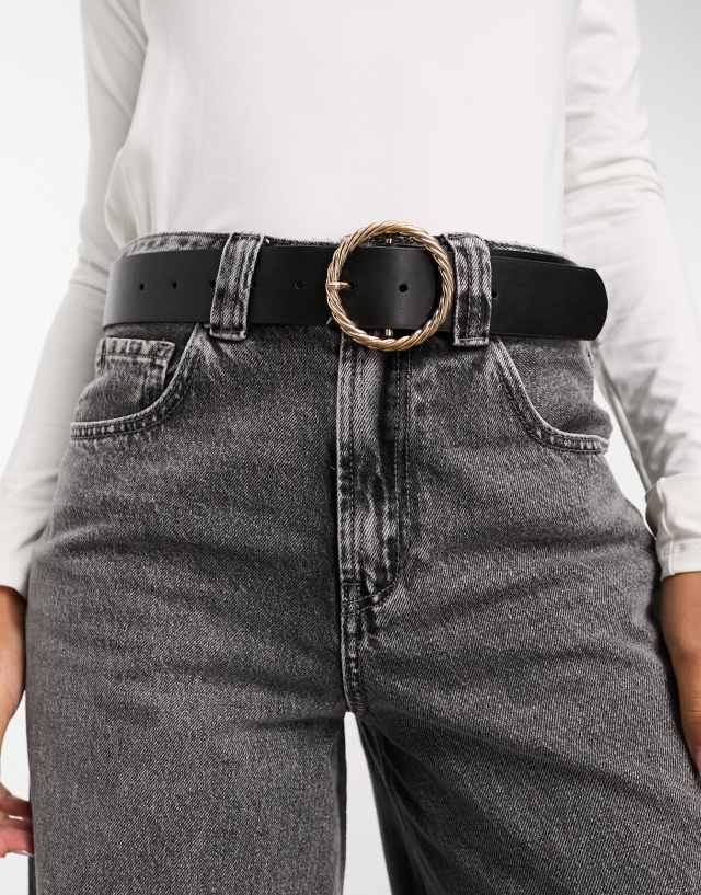 ASOS DESIGN gold twist buckle waist and hip jeans belt in black