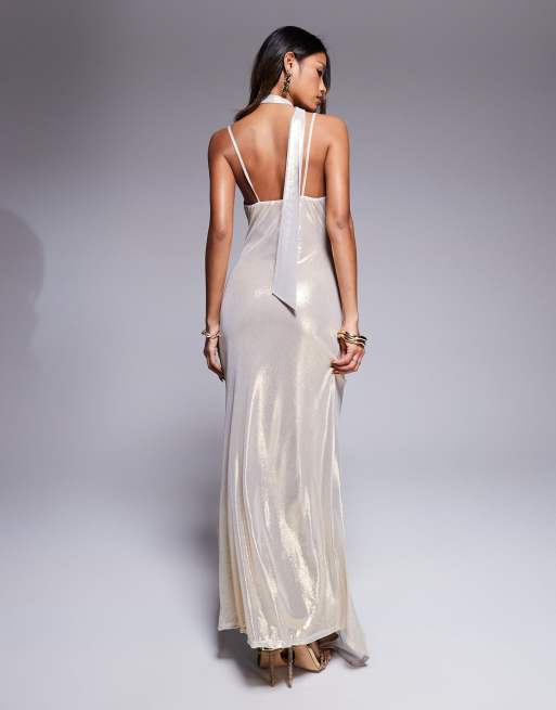 ASOS DESIGN – Golden schimmerndes Camisole-Kleid aus Netzstoff mit Körbchendetail und Bindeband am Hals, 2 von 4