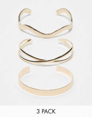 Hyunlai 3er-Set Damen Armreifen Gold - Stapelbare Chunky Armringe - Breite Metall Armspangen