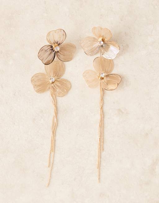 ASOS DESIGN – Goldfarbene Blumen-Ohrstecker mit Draht-Design und Kettenquasten-Anhänger, 2 von 3
