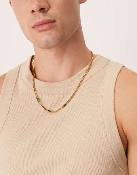 ASOS DESIGN – Goldfarbene Gliederhalskette aus wasserfestem Edelstahl mit Smaragd-Schmuckstein - view 1