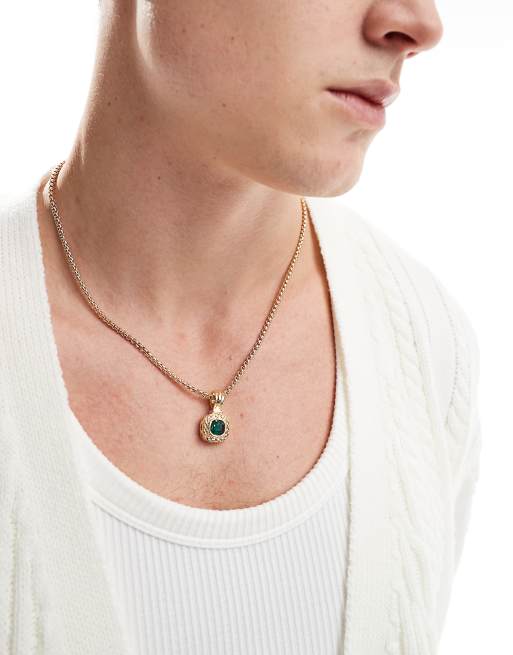 ASOS DESIGN – Goldfarbene Halskette mit Anhänger mit grünem Schmuckstein