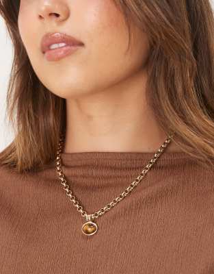 ASOS DESIGN - Goldfarbene Halskette mit echtem Tigerauge-Halbedelstein-Anhänger