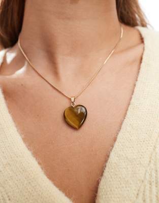ASOS DESIGN - Goldfarbene Halskette mit herzförmigem Tigerauge-Anhänger