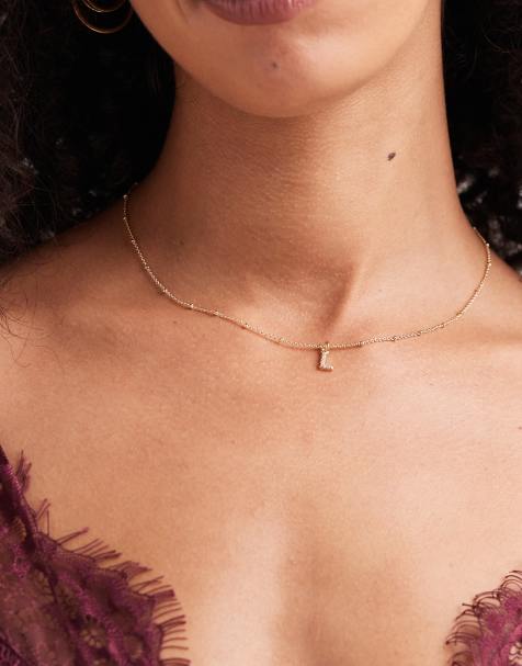 ASOS DESIGN – Goldfarbene Halskette mit Punkt-Strich-Gliedern, Zirkonia, „L“-Buchstabenanhänger und Geschenkbeutel - view 1