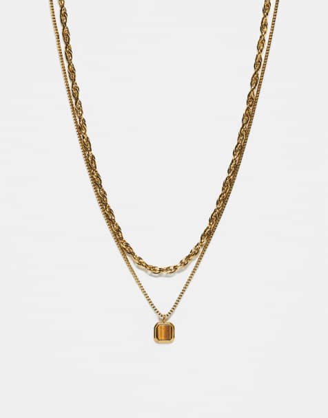 ASOS DESIGN – Goldfarbene Kordelkette aus wasserfestem Edelstahl im Zweierpack mit eckigem Anhänger mit Tigerauge-Halbedelstein - view 1