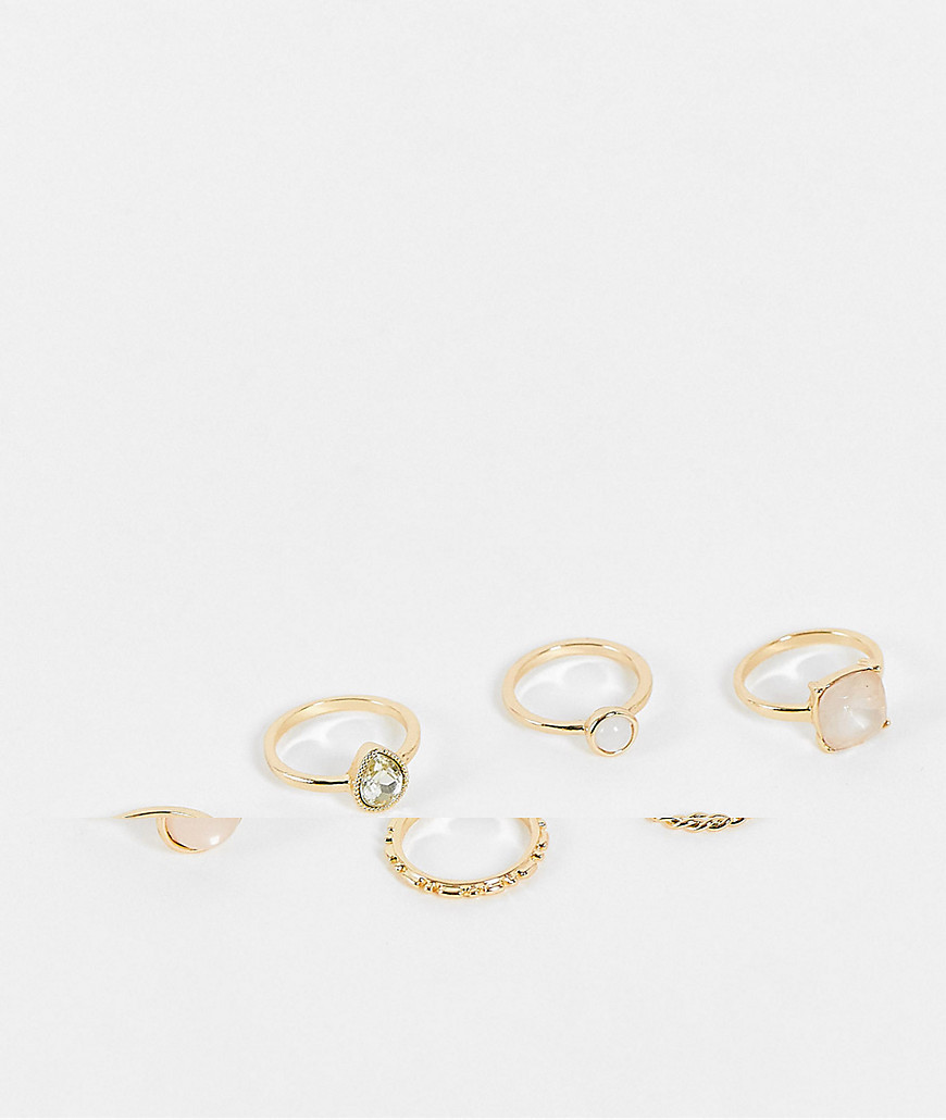ASOS DESIGN – Goldfarbene Ringe im 6er-Pack mit pastellfarbenen Steinen