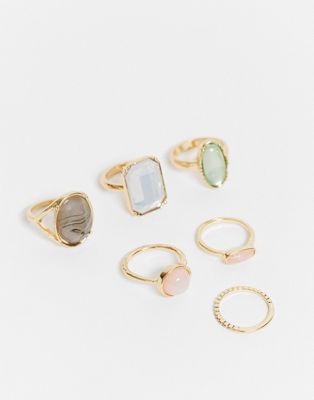 ASOS DESIGN – Goldfarbene Ringe im 6er-Pack mit bunten Steinen
