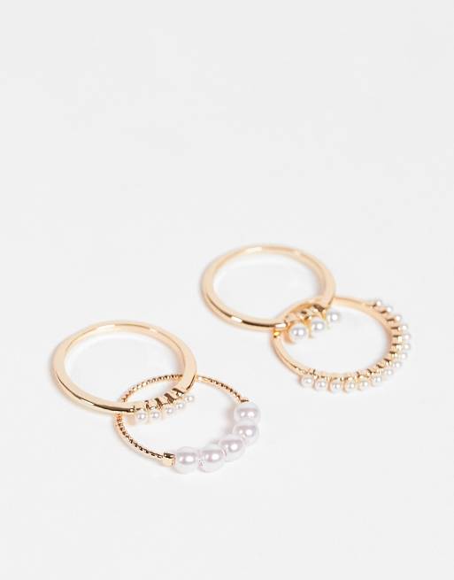 ASOS DESIGN – Goldfarbene Ringe mit Perlendesign im 4er-Set