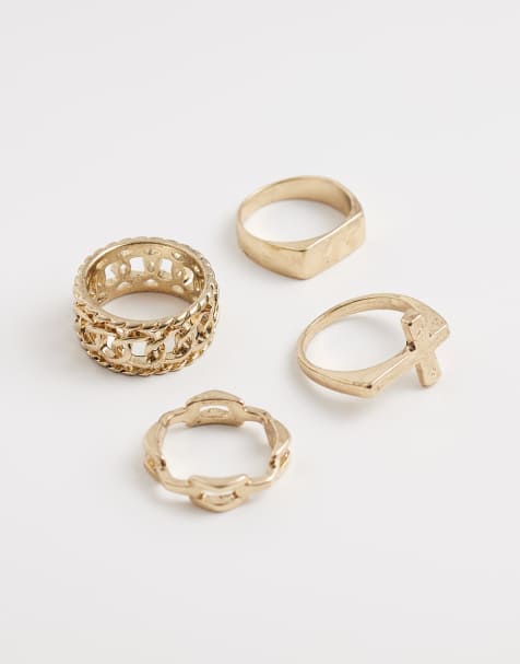 ASOS DESIGN – Goldfarbene Siegelringe mit Kreuz- und Kettendesign, 4-er Pack  - view 1
