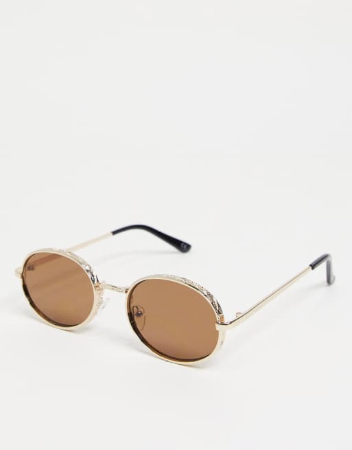 ASOS DESIGN – Goldfarbene Sonnenbrille mit ovalem, abgeschrägtem Rahmen und dekorativem Detail