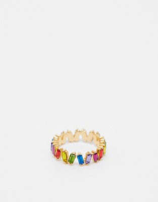 ASOS DESIGN - Goldfarbener Ring mit Regenbogen-Schmucksteinen im Baguette-Schliff