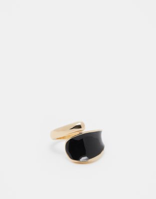 ASOS DESIGN - Goldfarbener Wickel-Ring mit schwarzem Emaille-Design